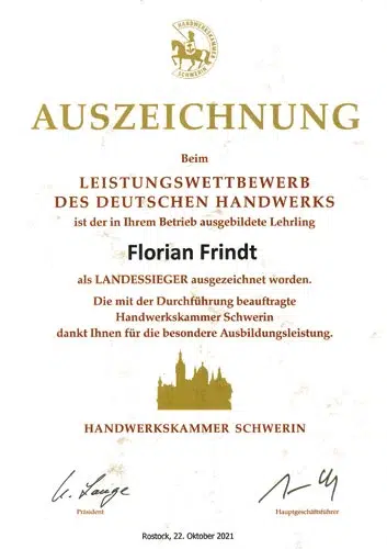 Certificate of achievement for Florian Frindt
